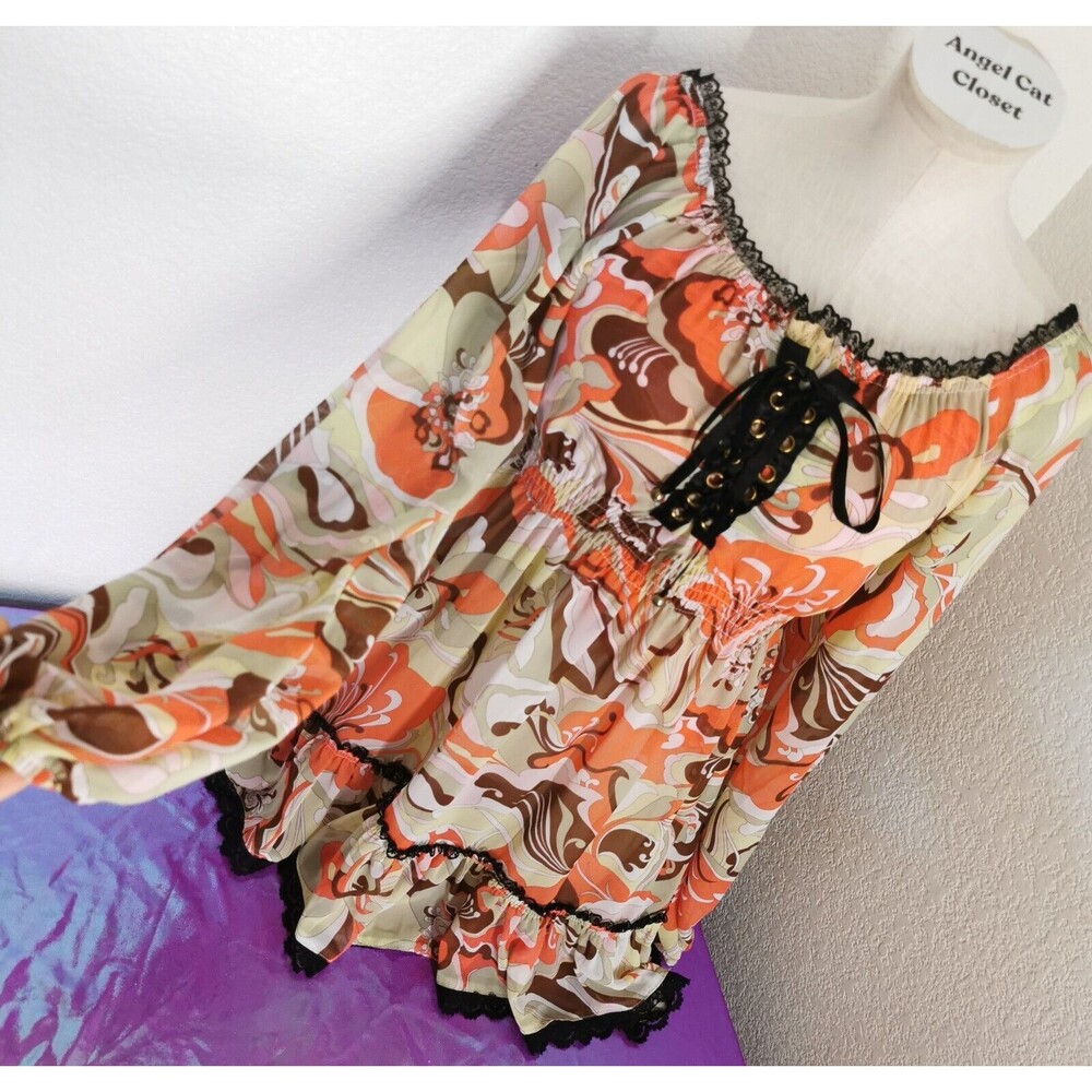 Mini Dress Small Strip Cabaret Orange Lace Long Sleeve Gyaru Gal Style Cosplay